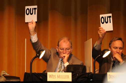 Judge Wes Miller votes in the "In/Out" round