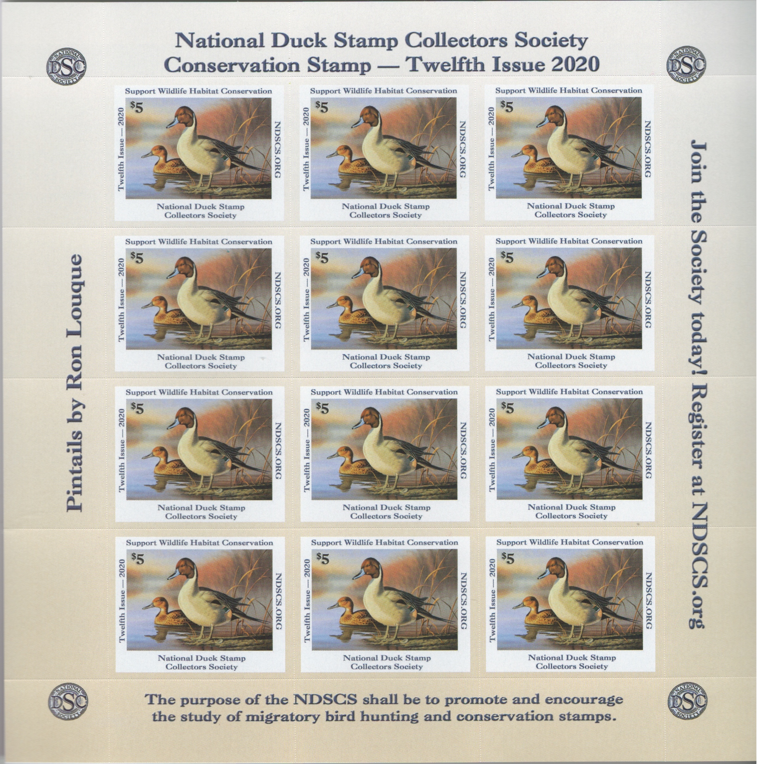 full pane NDSCS 2020 stamps - pintails